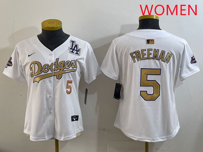 Women Los Angeles Dodgers #5 Freeman White Champion gold character 2025 Nike MLB Jersey style 1